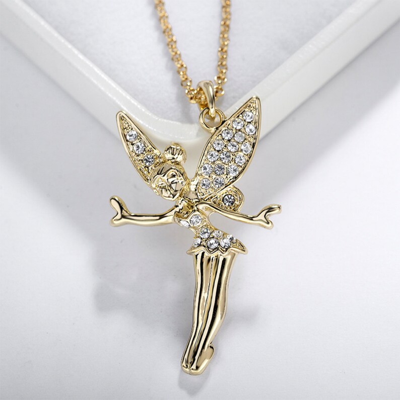 Disney Tinkerbell Necklace, Fairy Gold Necklace, Tinkerbell Gold Pendant, Cz Necklace, Woman Gift, Angel Necklace image 2