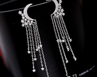 White Gold Plated Moon Star Long Chain Tassel Clear Cubic Zirconia Dangle Drop Stud Earrings Fashion Jewelry for Women