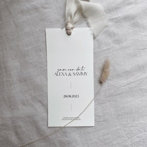 Save the Date Karten Büttenpapier, Din Lang, personalisiert, Hochzeitskarten, Save the Date Einladungen, Öse mit Chiffonband