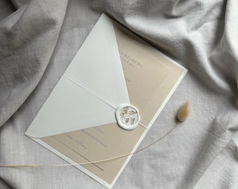 Einladungskarten Hochzeit, Hochzeitseinladung, Din B6, personalisiert, RSVP Karte mit Briefumschlag, Siegelstempel Ringe mit Blattgold