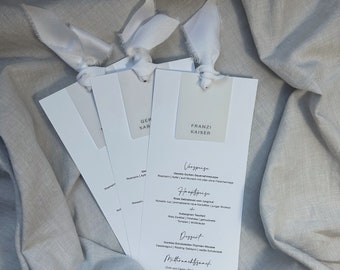 Menu card with integrated name tag | Wedding menu card | DL size | Satin ribbon