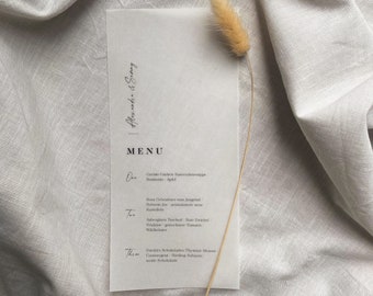 Minimalist menu card on tracing paper | Wedding menu | Menu for every occasion | Personalizable