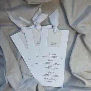 Menu card with integrated name tag | Wedding menu card | Din Lang | Satin ribbon