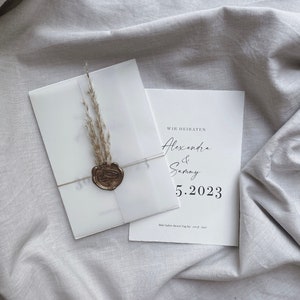 Einladungskarten Hochzeit mit Pampasgras, Hochzeitseinladung, Din A6, Büttenpapier, personalisiert, Transparentpapier, Siegelstempel Ringe