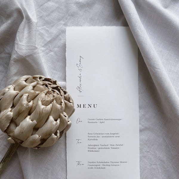Minimalist menu card on handmade paper | Wedding menu card | Menu card for every occasion | Personalizable