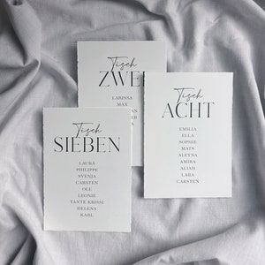 May include: Three white cards with black text, each labelled with a table number and a list of names. The cards are labelled "Tisch Zwei", "Tisch Sieben", and "Tisch Acht".
