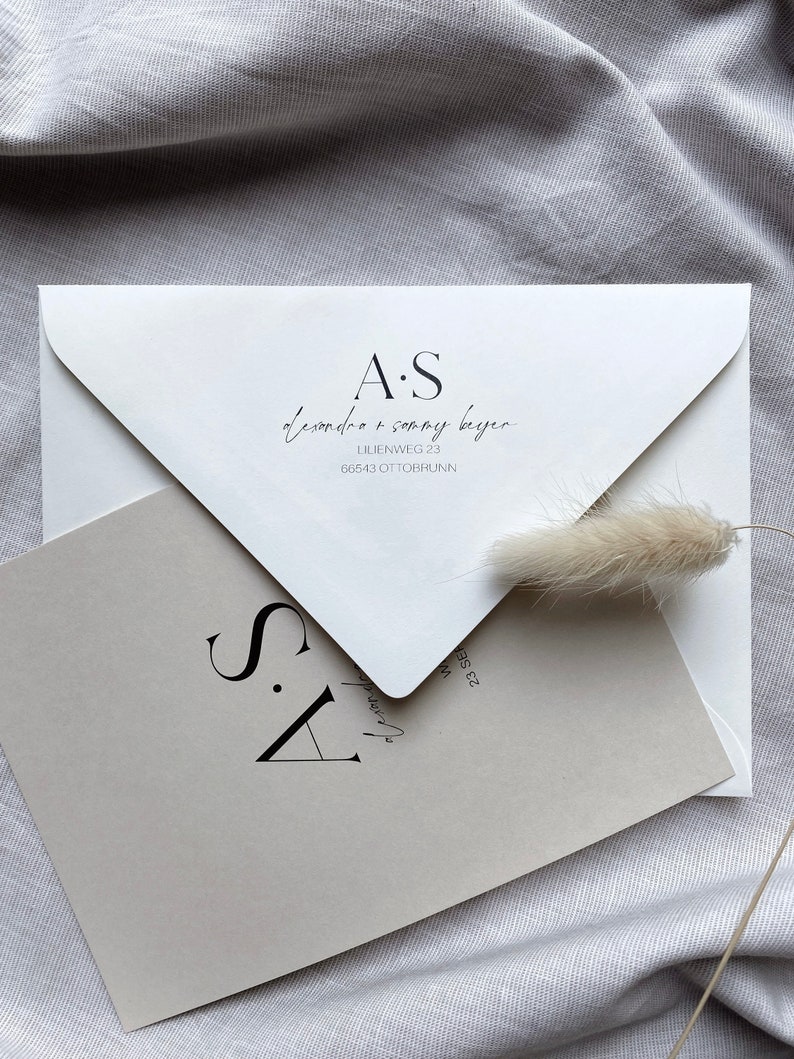 Minimalistische Hochzeitseinladungskarte mit Briefumschlag, B6, Beige und Weiß Bild 3