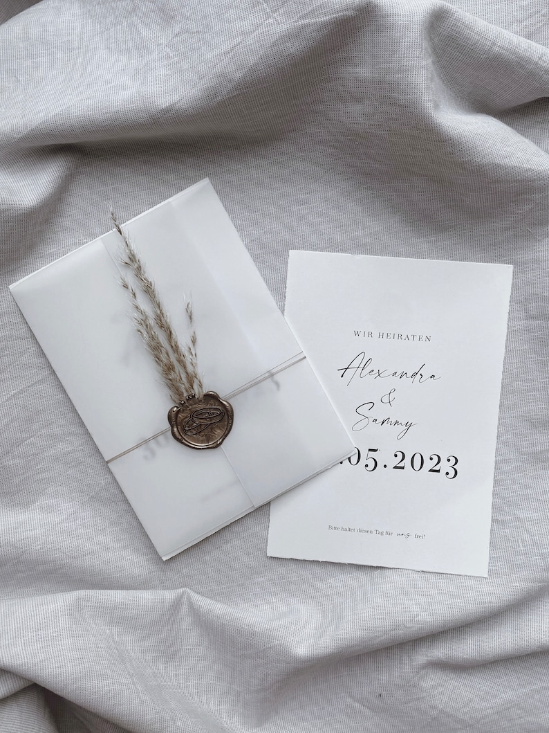 Einladungskarten Hochzeit mit Pampasgras, Hochzeitseinladung, Din A6, Büttenpapier, personalisiert, Transparentpapier, Siegelstempel Ringe Bild 5