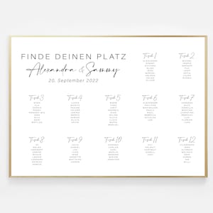 May include: A white seating chart with a gold frame. The chart is titled "Find Your Seat" and lists the names of guests for each table. The chart is for a wedding and includes the names Alexandra and Sammy and the date September 20, 2022.