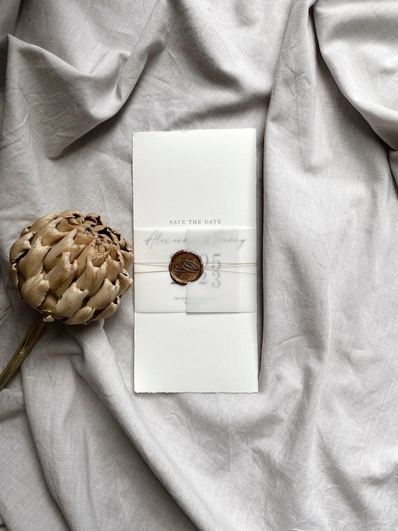 Save the Date Karten, Din Lang,  personalisiert, Hochzeitskarten, Save the Date Einladungen, Büttenpapier mit Siegelstempel