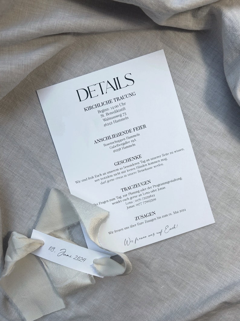 May include: A white card with black text detailing a wedding ceremony and reception. The card includes the date, time, and location of the wedding ceremony and reception, as well as the names of the wedding party and contact information for the wedding planner.