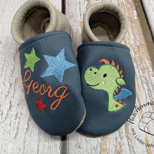 Bio Lederpuschen mit Name personalisiert, Krabbelschuhe Drache,Lauflernschuhe , Lederpuschen, Echtleder