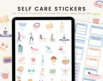 Self-Care Digital Stickers for GoodNotes, Daily Routine Stickers for iPad, Pre-cropped PNG Self-Love Stickers Notability, Wellness Clipart