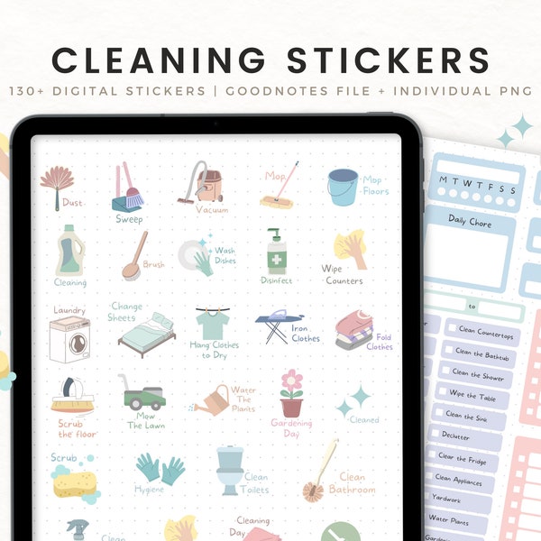 Cleaning Digital Planner Stickers for GoodNotes, Chores Stickers for iPad, Pre-cropped House Cleaning Stickers, Housework Icons Notability