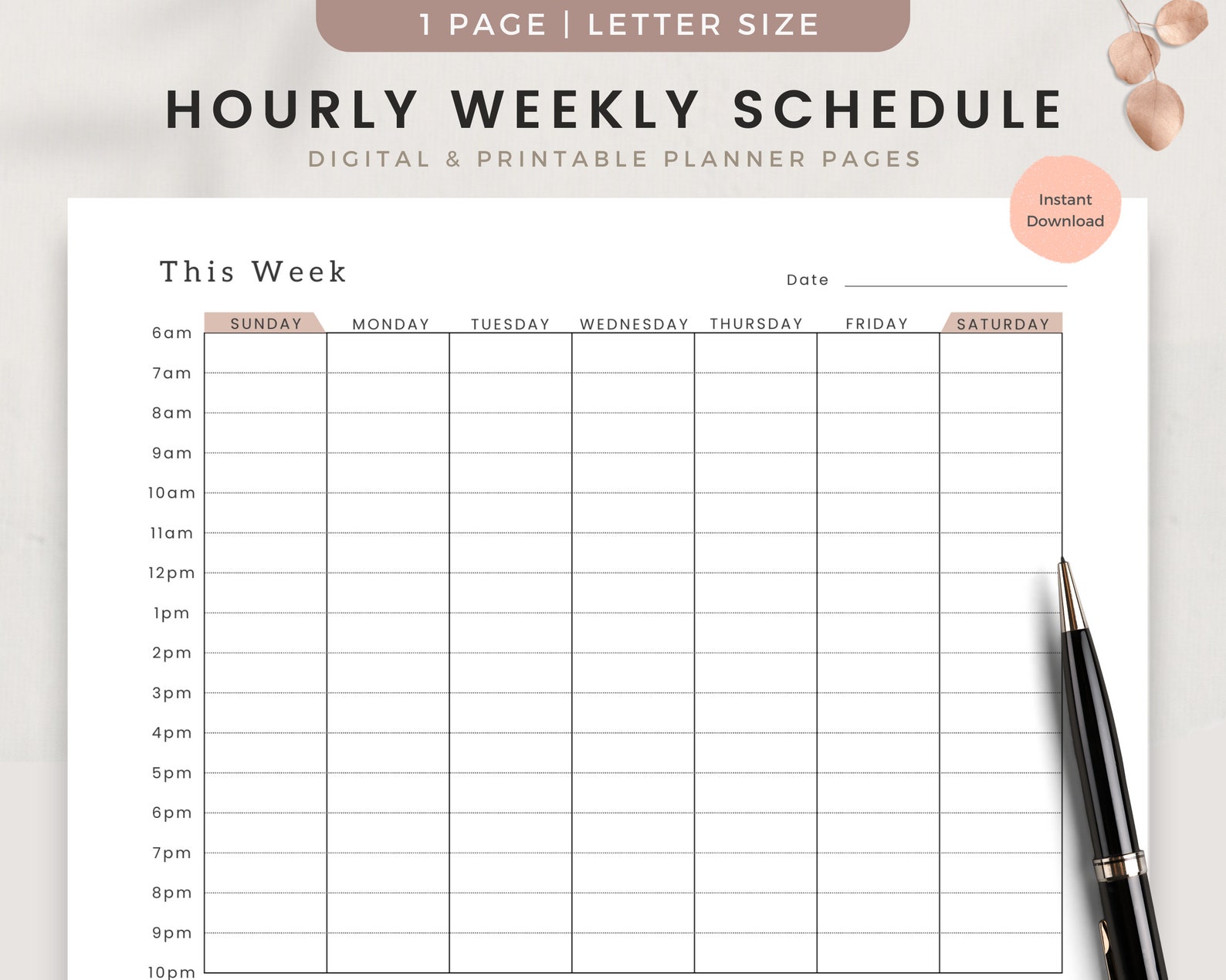 Hourly Weekly Planner Printable, Time Blocking, Time Blocking Digital Planner, Hourly Weekly ...