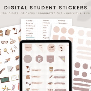 May include: A digital planner sticker set with over 210 stickers for Goodnotes. The stickers are in a light brown and pink color scheme and feature various designs, including a coffee cup, a lamp, a book, a dumbbell, a clock, a plane, a pencil, a pair of glasses, a ruler, a stapler, a briefcase, a chalkboard, a test tube, a DNA strand, a calendar, a to-do list, a day off, a focus icon, a dinner plate, a no class icon, a test icon, a to-study icon, a coffee cup, a lunch bag, a to-write icon, a workout icon, a to-go icon, a to-read icon, and an assignment icon.