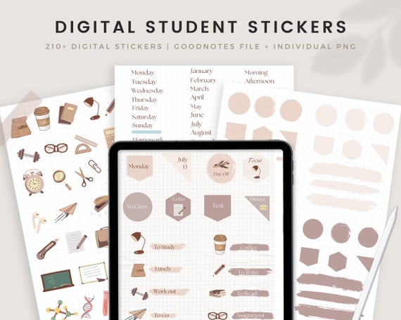 Student Digital Planner Stickers for GoodNotes, Study Bullet Journal Stickers for iPad, Pre-cropped Vintage Stickers for College Students