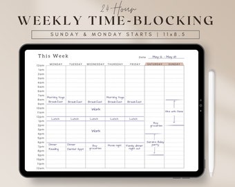 24 Hour Weekly Schedule, Time Blocking Digital Planner, Week at a glance, Time Block Weekly Planner Printable pdf, Time Box Daily To-Do List