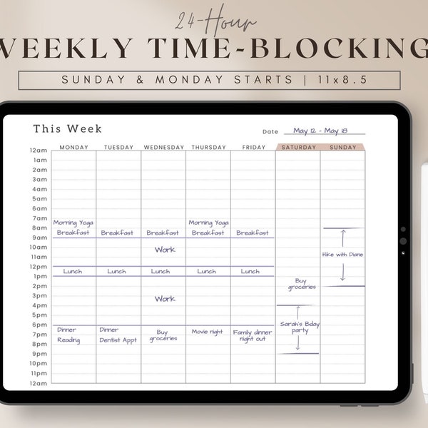 24 Hour Weekly Schedule, Time Blocking Digital Planner, Week at a glance, Time Block Weekly Planner Printable pdf, Time Box Daily To-Do List