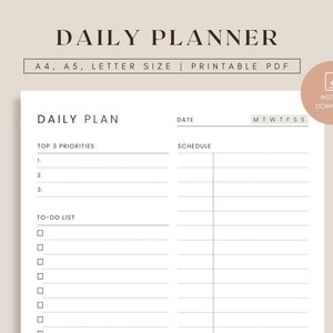Undated Daily Planner Printable, Daily Printable Inserts, Daily Schedule, Work From Home To-Do List, Productivity Planner, Work Day Schedule