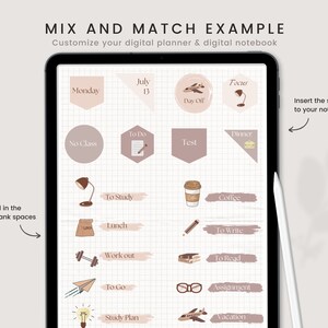 May include: A digital planner screen with a grid background and various stickers. The stickers are in different shapes and sizes and feature illustrations of a lamp, coffee cup, airplane, and other items. The text on the stickers includes "Monday", "July 13", "Focus", "Day Off", "To Do", "Dinner", "No Class", "Test", "To Study", "Coffee", "Lunch", "To Write", "Work out", "To Go", "To Read", "Assignment", "Study Plan", and "Vacation".