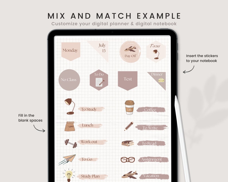 May include: A digital planner screen with a grid background and various stickers. The stickers are in different shapes and sizes and feature illustrations of a lamp, coffee cup, airplane, and other items. The text on the stickers includes "Monday", "July 13", "Focus", "Day Off", "To Do", "Dinner", "No Class", "Test", "To Study", "Coffee", "Lunch", "To Write", "Work out", "To Go", "To Read", "Assignment", "Study Plan", and "Vacation".