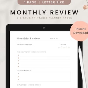 May include: A printable monthly review planner page with sections for rating the month, listing accomplishments, favorite moments, and challenges and lessons learned. The page is designed for digital or printable use.