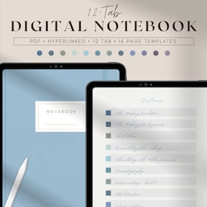 Digital Hyperlinked Notebook with 12 Tabs for Ipad and Tablet, Student Minimal Goodnotes Notability Planner, Digital Cornell Notes Templates