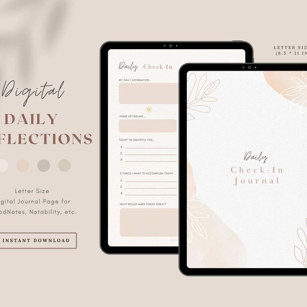 Digital Daily Reflections Template, 5 Minute Daily Gratitude, iPad Digital Journal, Self-Care Diary, Morning Night Checkin Planner Goodnotes