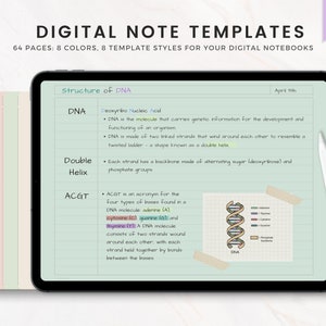 Könnte beinhalten: Ein digitales Tablet mit einer digitalen Notizvorlage mit dem Text "DIGITAL NOTE TEMPLATES" und "Structure of DNA". Der Bildschirm zeigt Notizen zur DNA-Struktur, einschließlich der Doppelhelix und des ACGT-Akronyms. Ein weißer Stift liegt rechts.