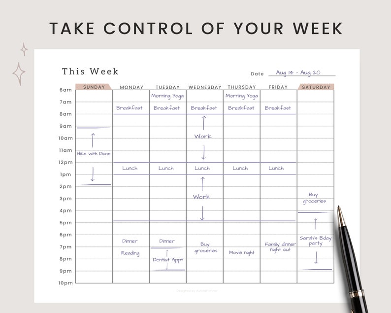 Hourly Weekly Planner Printable, Time Blocking, Time Blocking Digital Planner, Hourly Weekly ...
