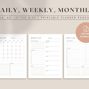 Daily Weekly Monthly Printable Planner, Personal Planner Bundle, Minimalist Planner Inserts, Undated Daily Planner, Productivity, To-Do List