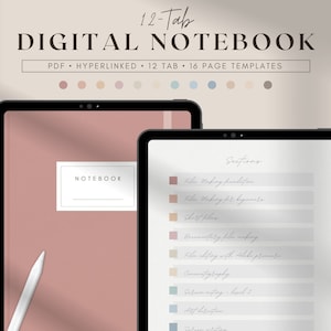 Digital Hyperlinked Notebook with 12 Tabs for Ipad and Tablet, Student Minimal Goodnotes Notability Planner, Digital Cornell Notes Templates