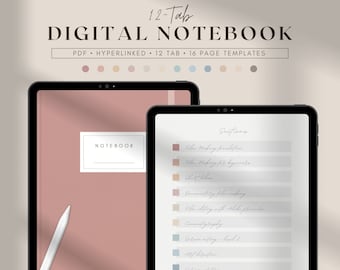 Digital Hyperlinked Notebook with 12 Tabs for Ipad and Tablet, Student Minimal Goodnotes Notability Planner, Digital Cornell Notes Templates