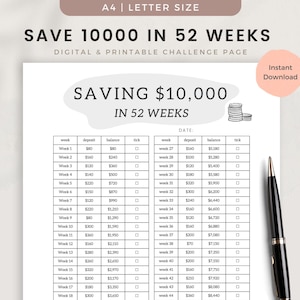52-Week Savings Challenge Printable, Digital Money Savings Tracker, 10,000 Savings Challenge, Savings Chart, Savings Tracker, Save 10000