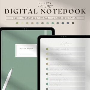 Digital Hyperlinked Notebook with 12 Tabs for Ipad and Tablet, Student Cornell Goodnotes Notability Planner, Minimal Digital Notes Templates