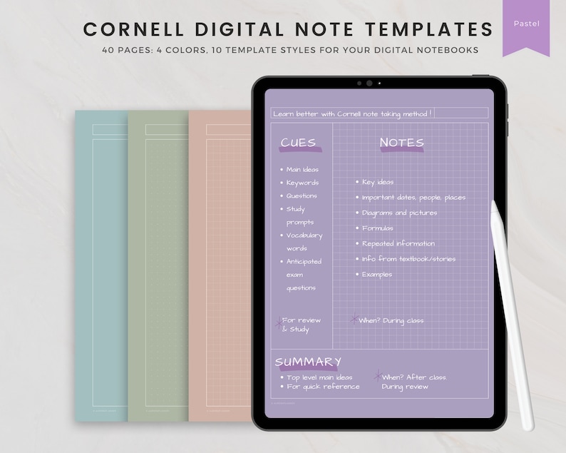 Cornell Digital Note Taking Template, Digital Notepad, Note Taking