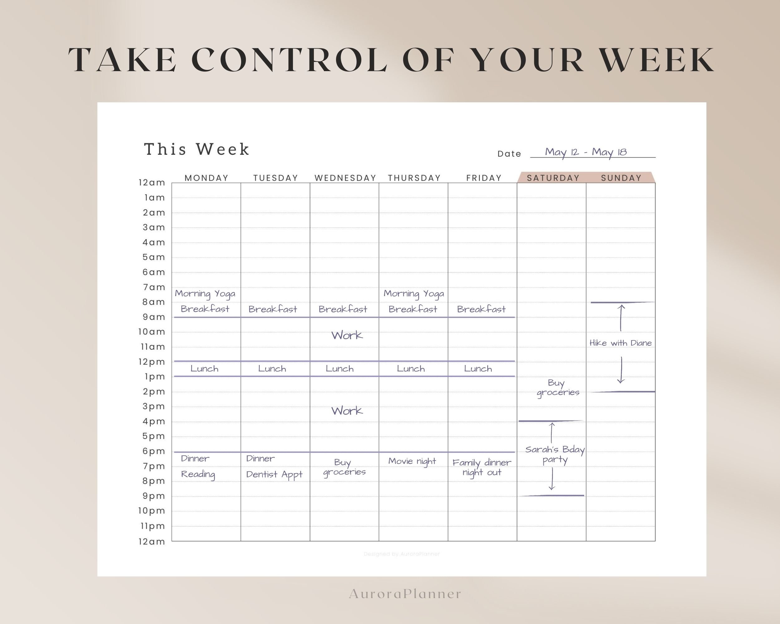 24 Hour Weekly Schedule, Time Blocking Digital Planner, Week at a ...