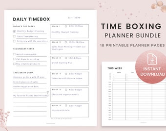 Time Box Planner Bundle Printable Weekly, Daily Hourly Time Blocking Schedule, Time Management, Time Boxing Productivity Digital Journal