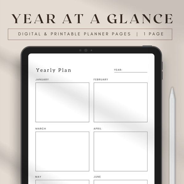 Any Year at a Glance, Printable Yearly Planner on One Page, Yearly Goal Setting, Annual Overview, Printable 2023 Yearly Calendar Inserts