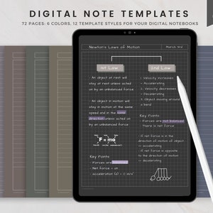 Könnte beinhalten: Eine digitale Notizbuchvorlage mit dunkelgrauem Hintergrund und weißem Raster. Die Vorlage enthält eine Lektion über Newtons Bewegungsgesetze mit der ersten und zweiten Gesetzmäßigkeit. Die Vorlage enthält wichtige Punkte und ein Diagramm eines Pendels.
