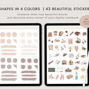 May include: A digital planner with 43 stickers in soft neutral colors. The stickers are in 9 different shapes and include images of school supplies, books, and other academic items. The text on the planner says "9 SHAPES IN 4 COLORS | 43 BEAUTIFUL STICKERS" and "Combine them into beautiful blocks and decorate every corner of your digital notebook".