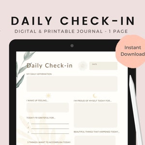 Daily Check in Digital & Printable Journal | Mindfulness, Self Reflection, Digital Feelings Journal, Self Care Checklist, 5 Minute Journal