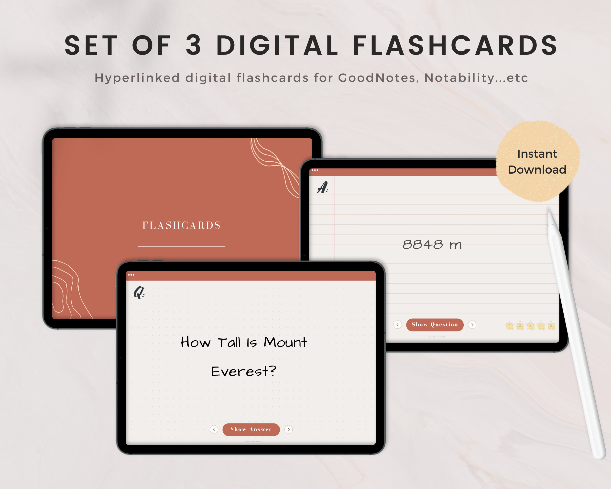 48 Digital Flashcards, Study Cards for GoodNotes, Notability, Digital College Student Flashcards Templates, Boho Hyperlinked PDF for iPad