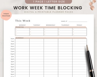 Work Week Time Blocking Planner Printable, Time Blocking pdf, Weekly Time Blocking Digital Organizer, Undated Hourly Schedule Landscape