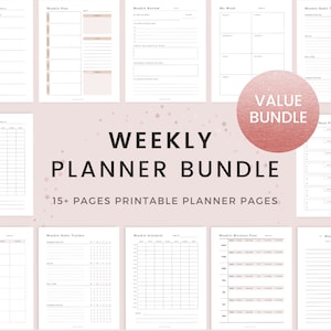 May include: A printable weekly planner bundle with 15+ pages. The bundle includes pages for weekly schedules, meal planning, habit tracking, workout plans, and more. The pages are designed with a minimalist aesthetic and feature a pink and white color scheme.