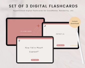 48 Digital Flashcards, Study Cards for GoodNotes, Notability, Pink Digital College Student Flash Cards Templates, Hyperlinked PDF for iPad