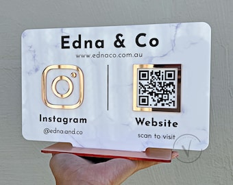 Marble Social Media Sign – Logo or QR Code Business Marketing Display