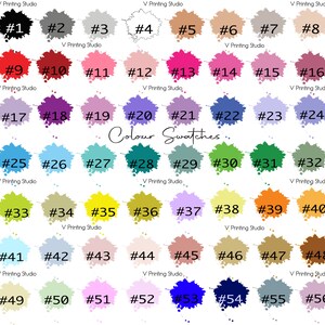 May include: A chart of 56 color swatches, each labeled with a number from 1 to 56. The swatches are arranged in rows of eight, with the text "Colour Swatches" in the center of the chart.