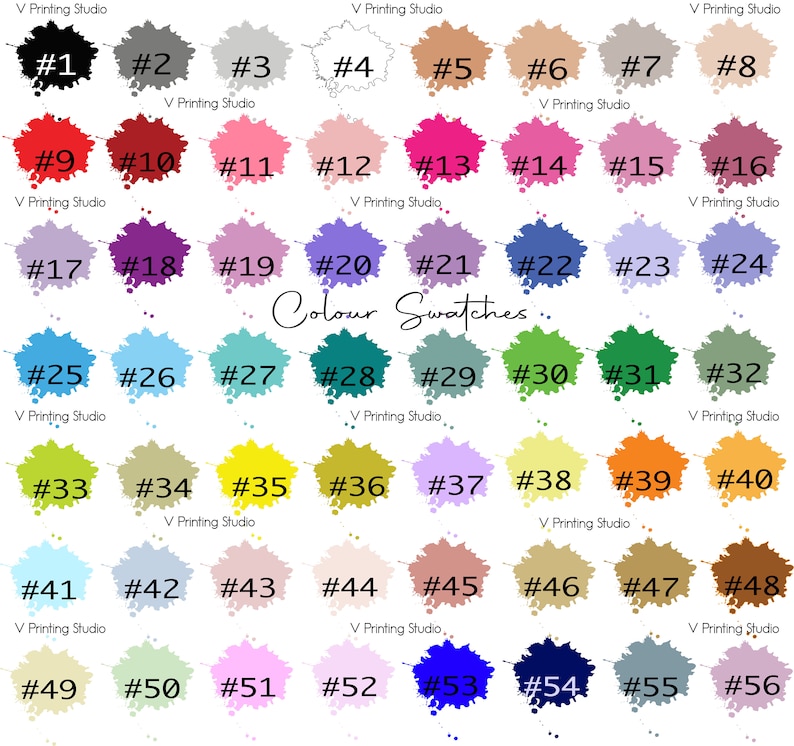 May include: A chart of 56 color swatches, each labeled with a number from 1 to 56. The swatches are arranged in rows of eight, with the text "Colour Swatches" in the center of the chart.